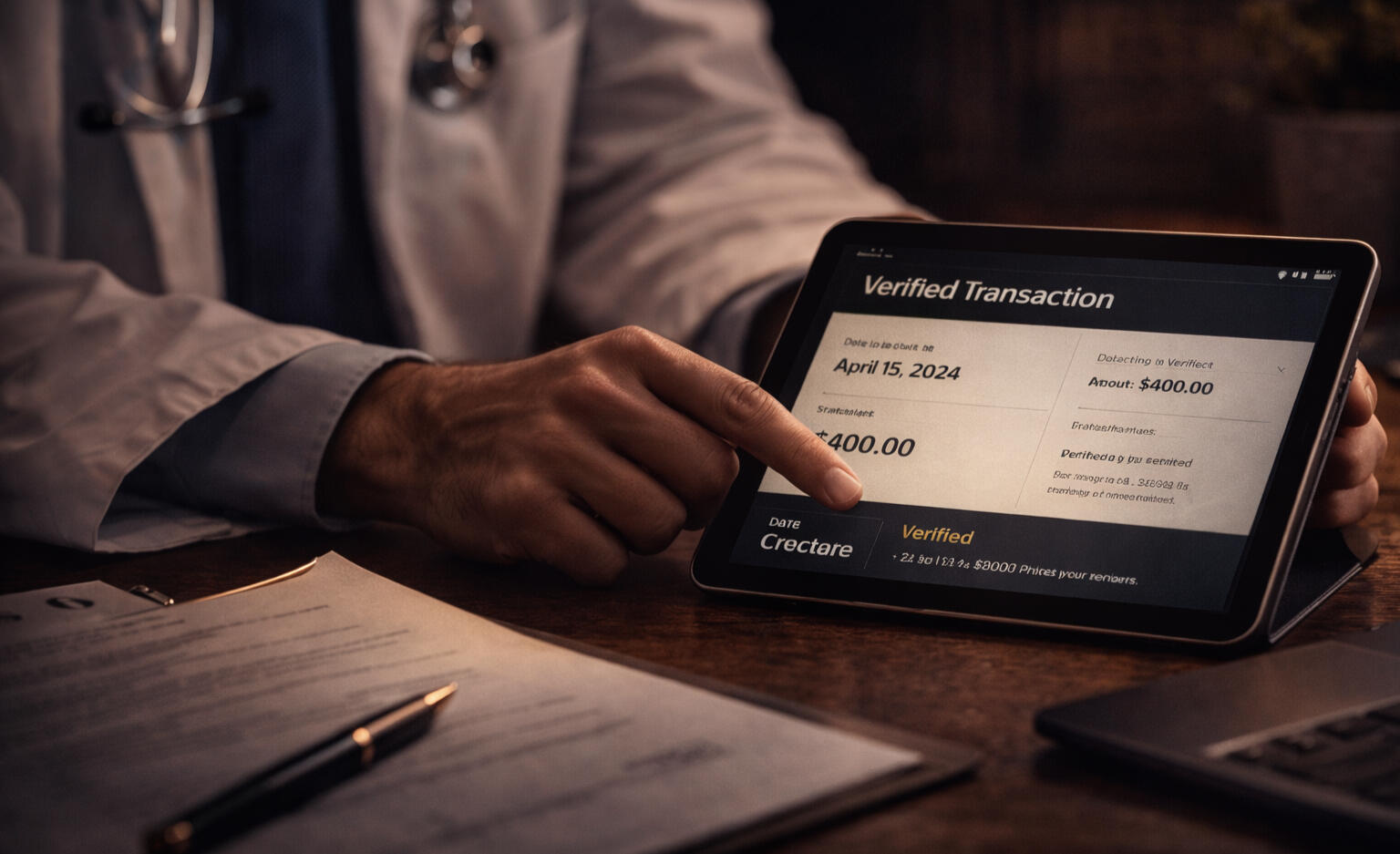 Tablet displaying verified transaction used to validate real client experience through Credana