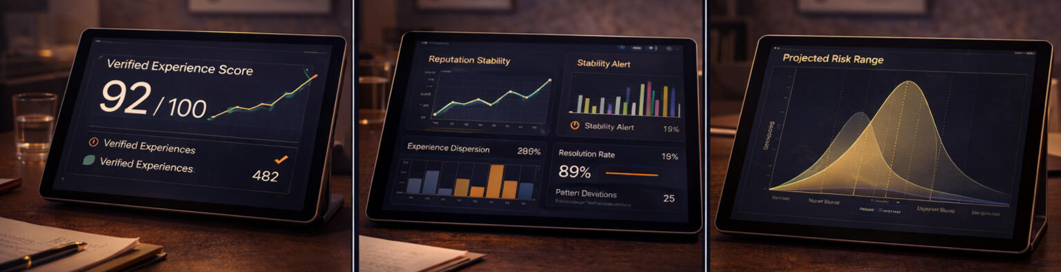 Credana dashboard showing verified client experience score calculated from transaction-backed reviews
